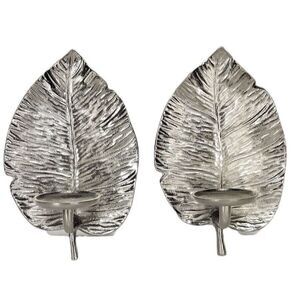 Botanical Boho Set of Two Palm Leaf Candle Holder Hanging Silver Wall Sconces